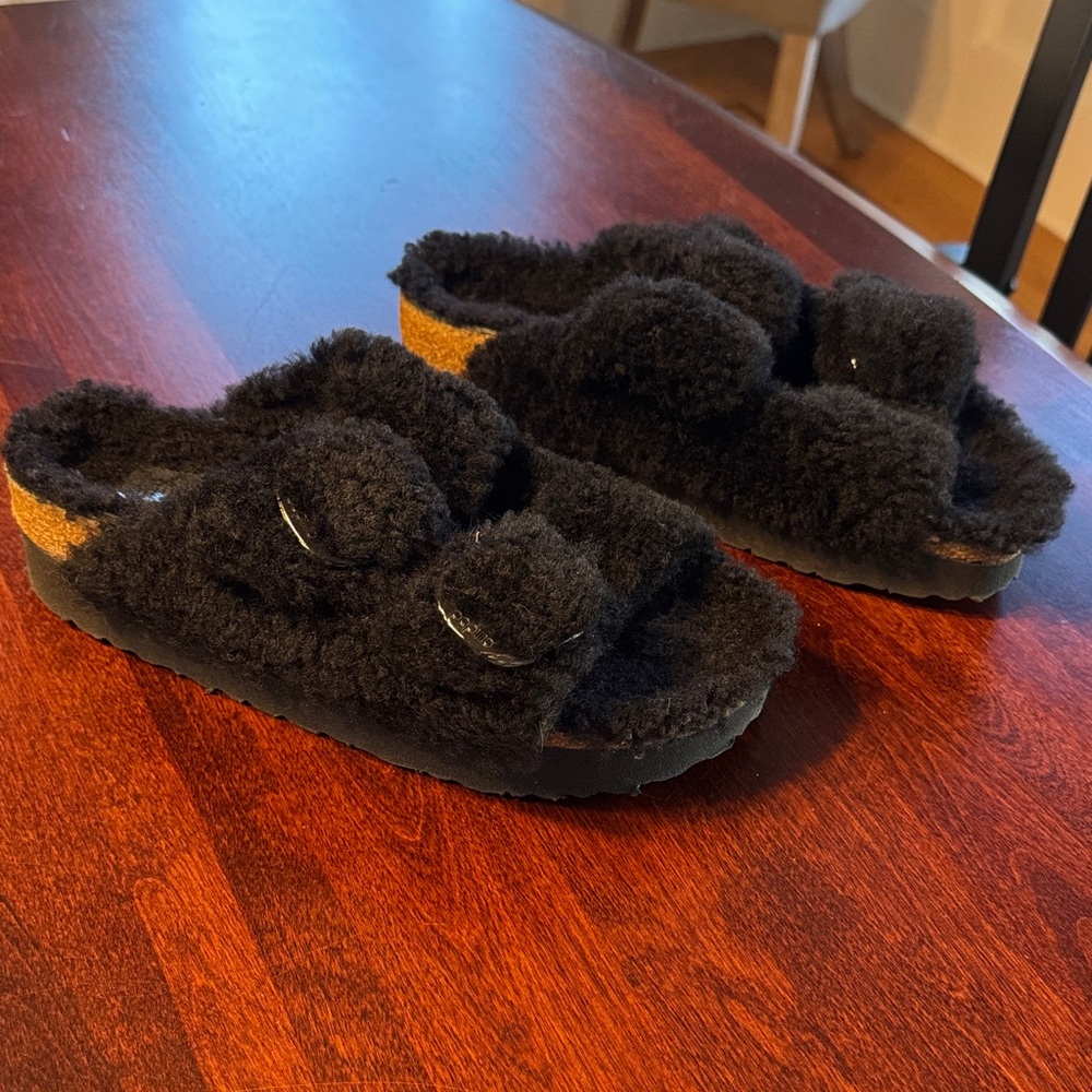 Papillio Arizona Big Buckle Pap Cozy Teddy Black Sherpa Sandal Slides - Picture 4 of 11